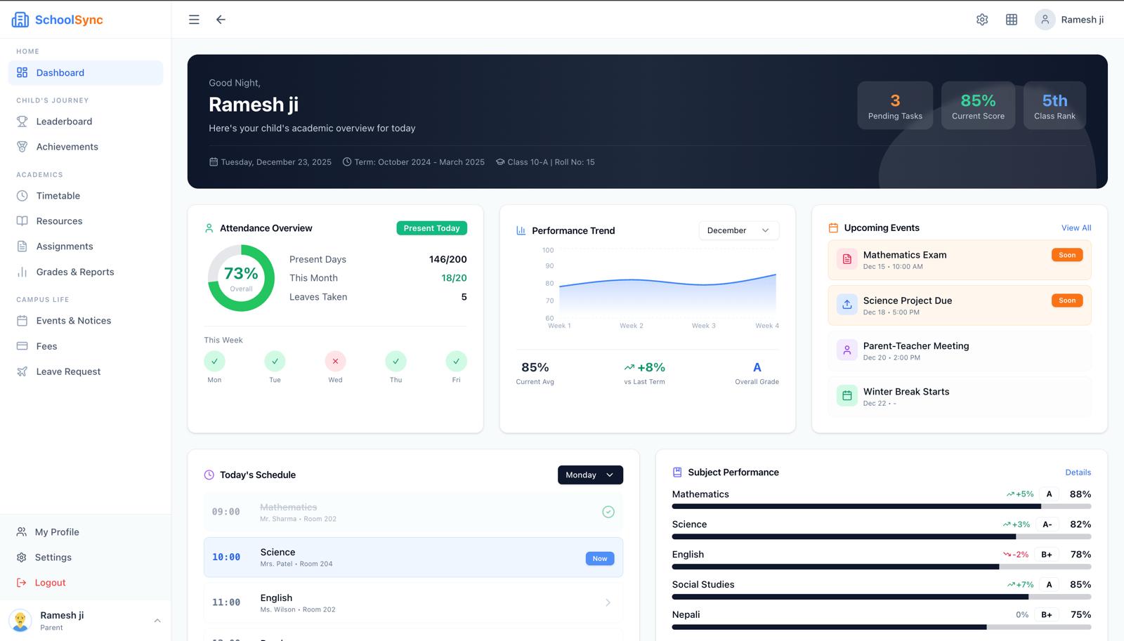SchoolSync Parent Dashboard