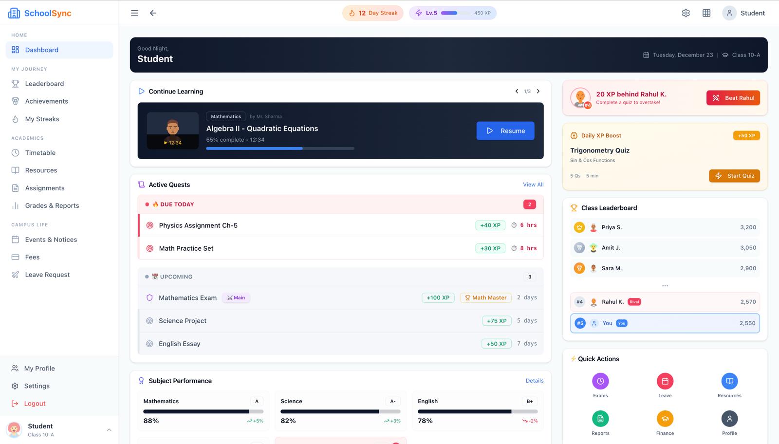 SchoolSync Student Dashboard
